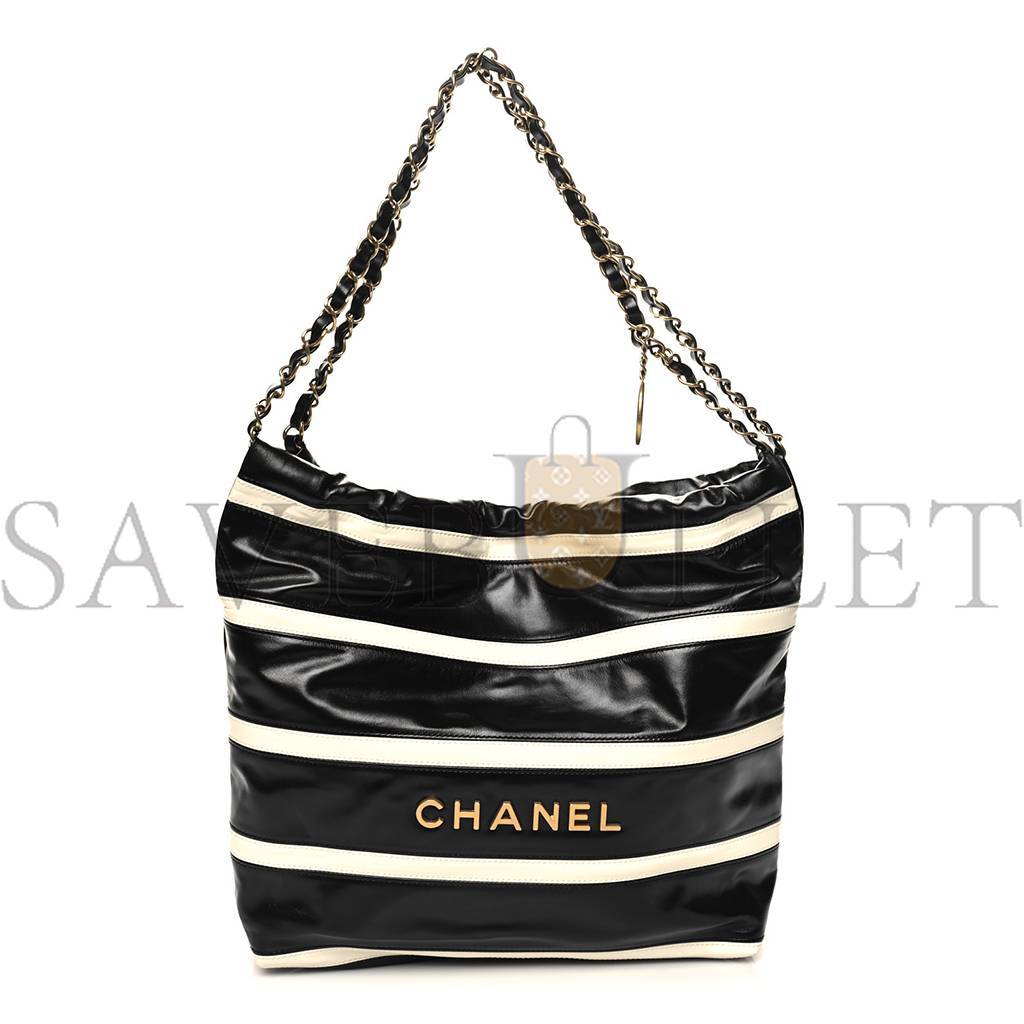 Ch*el master shiny calfskin striped small Ch*el 22 black white as3260 (37*35*7cm)